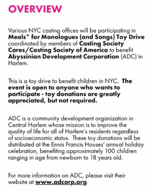 Angela Oh Instagram - If you’re in NYC, please consider donating a (new) holiday gift for children in Harlem 🎁 ♥️
Slide to the next picture for details!:)
.
@AndrewFemenellaCasting @csacasting @telseyandco
.
.
.
.
.
.
#presentsforkids #harlem #holidaygifts #holidays #christmasgifts #donations #mealsformonologues #meals #monologues #nyny #harlemshake #harlemkids #christmasspirit #toysfortots #newyorkcity #newyorkminute #broadway #broadwaynyc #toydrive #ADC #csctoysnyc
