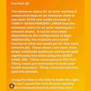 Angela Oh Instagram - Re-post @andrewleeds !! Listen to Andrew. Andrew knows best!
.
**This is occurring because there is no distinction on streaming for a “major role performer.” That tier was not included in our contracts for streaming, reducing these performers to new minimums for the same job.

**And of course you COULD be paid more than the minimums BUT when they can pay minimums they usually do. 

**Part of why we’re a union is to protect those individuals who need protecting.  Those actors who can’t afford to say no to a job and therefore must accept a wage far below their value. 

@sagaftra @wgaeast @wgawest