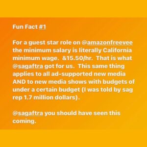 Angela Oh Instagram - Re-post @andrewleeds !! Listen to Andrew. Andrew knows best!
.
**This is occurring because there is no distinction on streaming for a “major role performer.” That tier was not included in our contracts for streaming, reducing these performers to new minimums for the same job.

**And of course you COULD be paid more than the minimums BUT when they can pay minimums they usually do. 

**Part of why we’re a union is to protect those individuals who need protecting.  Those actors who can’t afford to say no to a job and therefore must accept a wage far below their value. 

@sagaftra @wgaeast @wgawest