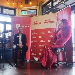 Anita Wigl'it Instagram - I had such a great time hosting the Rainbow Launch for the Labour Party! 

Getting to meet the PrimeMinister, ask him some silly questions (including “What his drag name would be” Answer Chippy Lippy 😂) and hear the amazing things that Labour has done and plan to do for the Rainbow community was amazing!

In all honesty I don’t really follow Politics / have a big understanding about it but what I do know is that Chris Hipkins is a lovely person who has achieved greatly in his life. Regardless of who we all vote for it was wonderful to meet the man behind “spread your legs” 😂