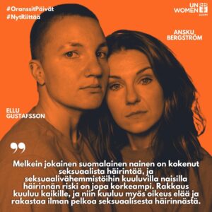 Anna-Liisa Bergström Instagram - Suomi on yksi EU:n väkivaltaisimmista maista naisille. 🚨

Tyttöihin ja naisiin kohdistuva seksuaalinen häirintä on vallankäyttöä, jolla rajoitetaan tyttöjen ja naisten asemaa ja ääntä yhteiskunnassa.

Seksuaalinen häirintä ja väkivalta ei ole koskaan uhrin syytä, vaan aina tekijän VASTUULLA. Ei riitä, että systemaattisesti häirintää jatkaneet voivat kiinnijäämisen jälkeen pyytää anteeksi vain läheisiltään (että ovat jääneet kiinni) ja nauttia sen jälkeen valta-asemastaan rohkeana ja hyvänä jätkänä, koska kaikki tekevät virheitä…

Naisiin kohdistuva väkivalta on maailmanlaajuinen ongelma, joka koskettaa meitä kaikkia. Tänään käynnistyy YK:n Oranssit päivät -kampanja naisiin kohdistuvan väkivallan lopettamiseksi. Kampanjan oranssi väri symboloi toivoa tulevaisuudesta, jossa elämä ilman väkivaltaa on jokaisen oikeus. 🧡

VÄRJÄTÄÄN YHDESSÄ SUOMI JA SOME ORANSSIKSI TÄNÄÄN 25.11!
Pukeudu oranssiin ja jaa kuvasi ja tägää 
#oranssitpäivät #nytriittää @unwomensuomi 

🚨Puutu epäasialliseen käytökseen
🚨Älä syyllistä uhreja
🚨Ota selvää naisten turvallisuuteen vaikuttavista tekijöistä ja levitä tietoa!
🚨Liity tai tue järjestöjä, jotka työskentelevät naisten turvallisuuden puolesta.