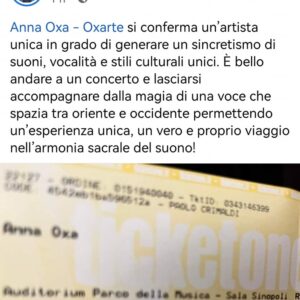 Anna Oxa Instagram - Condividiamo con voi questa bella testimonianza del concerto di stasera.
