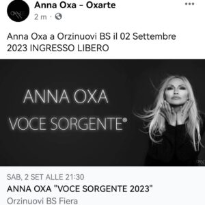 Anna Oxa Instagram - Anna Oxa in concerto
il 2 Settembre a Orzinuovi BS
INGRESSO LIBERO AL PUBBLICO
#ANNAOXA #OXARTE #ANNAOXA-OXARTETV