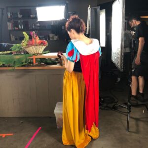 Anne-Elisabeth Blateau Instagram - Snow white 🍎 @twiggymercury @sylvain.lemarcis #disney #snowwhite #actress #tournage #catourne #oneset #apple#red #yellow #enfance #work #dress #costume #instagram #instawork #picoftheday #atwork