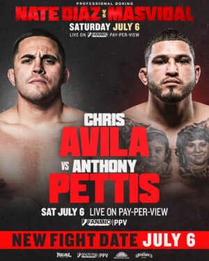 Anthony Pettis Instagram - Not to be missed 🥊

@chrisavila209 and @showtimepettis go toe-to-toe on the #DiazMasvidal undercard on July 6. 

Get your #DiazMasvidal tickets now, and don’t miss a second of the action (🎟️ at the link in bio).

#NateDiaz #JorgeMasvidal #Fight #LA #Boxing