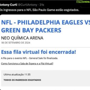 Antony Curti Instagram - Bom, é isso. Como previsto, todos os ingressos foram vendidos. Teve fila de madrugada na venda presencial, infelizmente muita gente não conseguiu comprar. A demanda foi como a de um show internacional. 

Espero que vocês tenham conseguido comprar. A estimativa, portando, é que a Neo Quimica Arena esteja lotada dia 6. #nfl #nflnaespn #nflbrasil #nflsaopaulogame