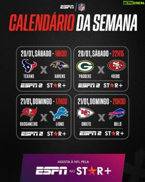 Antony Curti Instagram - Restam 8 rumo ao Super Bowl! Aqui as transmissões da #NFLnaESPN neste fim-de-semana de Semifinais de Conferência. 

PS: estou em Packao @ Ninão, Piratao @ Leao. Pra quem estava com saudade, é junto do meu trouxao @ariaguiar