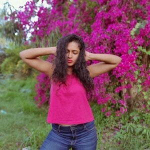 Apoorva Bhardwaj Instagram - Inner noise, please shut up. 
.
.
.
.
.
.
#phoneclick #bougainvillea #pink #outdoors #cameralover #model #curlyhairdontcare #nomakeup #natural #nature #denim #kfi #kannadaactress #curlyhairactress #dusky #dusk #bangalore #actor #artist #southindianactor #pose #instagood #instacurls #naturalhair #goodoldtimes #apoorvabharadwaj