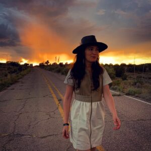 April Mullen Instagram - This path - right where I’m supposed to be.  So much to be grateful for this year - all the wonder, love, creation and passion.  In awe I stand ! #aprilmullen #carrizozo #birthdaygirl #cowgirl