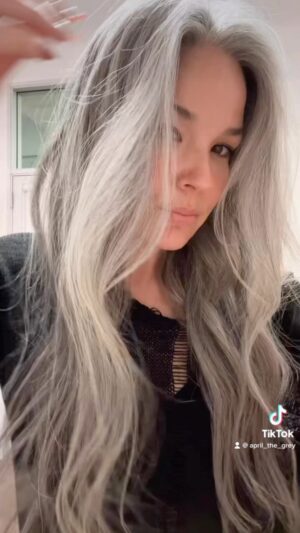 April Schutte Instagram - Look at my grey hair! Look! 
.
.
.
#lookatmygreyhair #silverhair #greyhair #silverfox #greyhairmodel #silverhaircolor #maturemodel #silverqueen #silversisters #cottonhairedwomen #longhealthyhair #hairtutorials #greyinLA