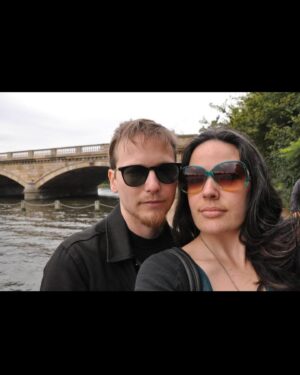 April Schutte Instagram - 13 years ago in London! This was our first time there. Look at that big, curly dark hair! Loads of grey in there but it’s not as noticeable in these photos. 
.
.
.
#youngerdays #londonlove #earlygrey #youngandgrey #silversister