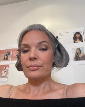 April Schutte Instagram - Swipe for two different looks 😆 Get you a girl who can do both! 
.
.
.
#modelinglife #afterandbefore #silverfox #modelactor #ditchthedye #embracethegrey #makeuplooksgood #modelonset #greyhairmodel #silversisterscommunity #silversistersunite