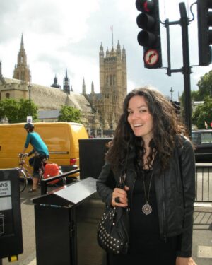 April Schutte Instagram - 13 years ago in London! This was our first time there. Look at that big, curly dark hair! Loads of grey in there but it’s not as noticeable in these photos. 
.
.
.
#youngerdays #londonlove #earlygrey #youngandgrey #silversister