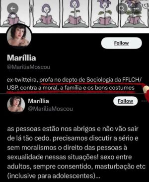 Arthur Morisson Instagram - Pessoas sem o que comer ou vestir
Famílias inteiras desabrigadas
Caos, medo, furtos e relatos de abusos

E essa militante de esquerda que se diz professora pensando em sexo e masturbação nos abrigos

Minha filha, você está lendo o que está escrevendo?

Seu c* deve sentir inveja da sua boca, de tanta merda que sai dela. 

Esquerdismo é doença