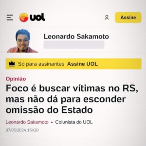 Arthur Morisson Instagram - Para vocês entenderem o tamanho da gravidade da omissão do Estado: nem o Sakamoto, colunista da UOL que sempre apoiou Lula, consegue esconder a insatisfação. 

É essa a situação que nos encontramos. Inacreditável!