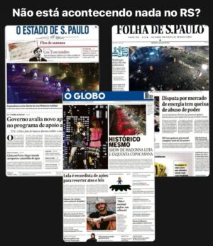 Arthur Morisson Instagram - Essas são as capas dos principais jornais do país no dia de ontem, domingo, 05/05/24.

Eu não sei vocês, mas me parece que a maior catástrofe da história do Rio Grande do Sul não foi noticiada

Mas olha que maravilha, tivemos show histórico da Madonna!

Esse povo gaúcho deve estar fazendo um estardalhaço a troco de nada, né @jornaloglobo @folhadespaulo @estadao 

As dezenas de vídeos de pessoas boiando arrastadas pela correnteza e casas completamente submersas certamente foram produzidas por I.A.

Ainda bem que vivemos em uma era onde a notícia impressa não tem mais tanta relevância, porque se ainda dependessemos disso, estaríamos ferrados.

QUE VERGONHA!