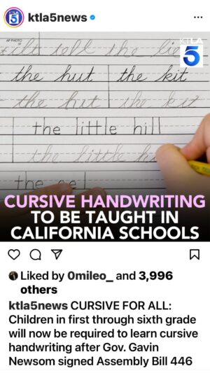 Ashley Scott Instagram - “Gavenor Newsom” I coined it its mine.😂Thrilled to hear this news for our kids here in California.  They are going to reintroduce cursive writing back into our classrooms.
I’m dyslexic and the only way I can write without flipping letters is by writing in cursive.  It's also a beautiful tool to have in your toolbox. Imagine all of the happy grandparents when they can open a mailbox and not a text.  #cursive #dyslexia #cursivewriting #learningdisabilities #❤️