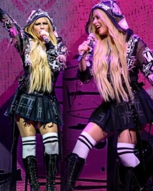Ashton Michael Instagram - ☠️💕 AVRIL 💕☠️ 
.
@avrillavigne on her “Greatest Hits Tour” in custom Ashton Michael crust punk patch hoodie and distressed printed plaid garter skirt . 
.
📸 @skylerbarberio .
.
#ashtonmichael #avrillavigne #punkprincess #greatesthitstour #punktsugicollection 
.