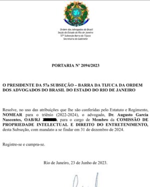 Augusto Garcia Instagram - Hoje fui nomeado Membro da Comissão de Propriedade Intelectual e Direito do Entretenimento da OAB/RJ (57ª Subseção). É enorme a responsabilidade e imensa a  alegria por fazer parte desse importante trabalho. Podem contar comigo! #advogado #oab #DireitosAutorais