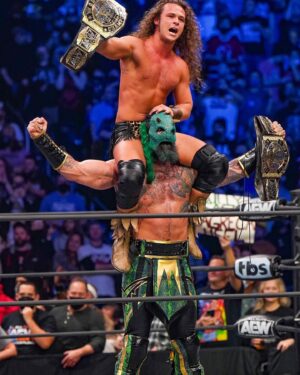 Austin Matelson Instagram - It felt like 65 million years of work when nobody else was watching. It was believing in myself even when it felt like the entire world doubted. It was a willingness to ask for help and the kindness of those that came before to give it. It was not being afraid to change even when it meant admitting I was wrong. But more than anything it was discovering that in life true happiness isn’t found alone but through a shared experience. Thank you @boy_myth_legend for being not just a tag team partner but my best friend. And Thank you to the fans whose voices breathed life into this team and made this moment possible for a boy and his dinosaur.