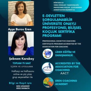 Ayşe Burcu Eren Instagram - E-DEVLETTEN SORGULANABİLİR ÜNİVERSİTE ONAYLI ULUSLARARASI AKREDİTE PROFESYONEL BİLİŞSEL KOÇLUK SERTİFİKA PROGRAMI 

25 Eylül 2023 Pazartesi başlıyor.
  
Toplam 75 SAAT içerik ve uygulama 

Haftaiçi ve Haftasonu online ve yüz yüze grup seçenekleri ile. 

Programın içeriğinde;
Temel Psikoloji
Yaşam Koçluğu 
Profesyonel Koçluk 
Profesyonel Bilişsel Koçluk Metodu
Dünyaca ünlü ingiltere merkezli koçluk modeli ile Uluslararası Akreditasyon bulunmaktadır. 

Profesyonel koçluk programına kimler katılabilir; 

Kişisel gelişimine katkı sağlamak isteyenler, 

İletişim becerilerini geliştirmek isteyenler, 

Farklı bir alanda uzmanlaşmak isteyenler, 

İş ve sosyal hayatında hedefleri olan kişiler 

Danışanlarına bütünsel çözüm bulmayı amaçlayanlar, 

Kişisel gelişim sektöründe ayrışmak isteyenler bu eğitimi alabilirler. 

EĞİTİM SONUNDA...
Katılımcılarımız, 75 saatlik programı tamamladıklarında ve sınavlardan 80 ortalama ile geçtikten sonra, programı başarıyla tamamlamış olurlar.
  

Lider Eğitim ve Danışmanlıktan Profesyonel Koçluk sertifikası ve Assocation for Coaching tarafından "Professsional Cognitive Coaching" içeriği onaylanmış AACT seviyesinde Eren Coaching Academy tarafından AACT logo baskılı ıslak imzalı sertifikası verilir. 

Bu sertifikalarla Yurtiçi ve Yurtdışında koçluk yapabilirsiniz.

Daha ayrıntılı bilgi ve kayıt için: 
0212 696 00 09 - 0532 500 86 76 nolu 
telefonlardan bize ulaşabilirsiniz.

#koçlukeğitimi #profesyonelcoach #temelpsikoloji #sertifika