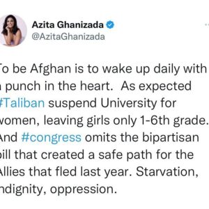 Azita Ghanizada Instagram - 400  days of reliving a daily nightmare.  4 decades of indifference from others, oppression within, starvation from war, indignity from it all.  There has to be a path to joy.  A path to freedom from this unconscionable amount of suffering.
