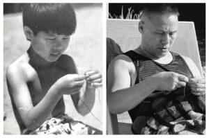BD Wong Instagram - I promise this is actually not a "re-create the photo" post. Saturday Richert & I were in Palm Springs, hanging out by the pool in the sun, and I asked Richert to take some pics of me working on something new, a crochet project (which I'll post about later). Today (Wednesday) I'm with my mom in San Francisco, just helping her organize things a little 'cause she's moving. I'm finding all these photos I've never seen before and scanning them, and some of them are a bunch of pics of my family when I was a kid at Santa Cruz beach, where we went often and had lots of great times; great memories. And several of the pictures are of me working on a lanyard, in the sun; I was really into lanyards when I was a kid partly 'cause when I went to summer camp the crafts were the only thing that held my interest. I have always made things with my hands and my mind. My favorite projects are the mentally stimulating undertakings, particularly in fiber arts. I like dashing off simple things but I also looove making BIG projects that other people don't have the skill or patience for, like @westknits patterns. When I'm knitting, or writing, I can go into a zone for hours and be shocked when I snap out of it and look at the clock. I found this picture of me at the beach and I went 'wait a second...' and eventually I remembered and pulled up the picture Richert took 4 days before. Isn't that kinda amazing? Part of the parenting process is pondering how much of your child's identity is determined by your parenting, and how much of it is Just There. Queer people have launched a revolutionary movement over time that urges the world to understand that we were Born This Way. I look at these two pictures side by side and I feel so many cool things, but I think the main one is this sense of peacefulness and reassurance, a confirmation that, over the half a century of time between these two photographs, I've understood more and more who I am at my core, and while I began the journey unsure of who and what I was, as many of us are, I now feel rather victorious, because clearly, all this time, I have been Spot On Right. I hope everyone can look at themselves then and now and feel that. B U