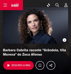 Barbara Cabrita Instagram - Très heureuse et touchée d’avoir parlé de ce qui me porte et me tient à cœur depuis tant d’années. 🇵🇹
Merci @franceinter @radiofrance @fredericpommier pour votre délicatesse 🙏🌸 

https://www.radiofrance.fr/franceinter/podcasts/c-est-une-chanson/13h46-c-est-une-chanson-du-vendredi-10-juin-2022-3280318 

#portugal #zecaafonso #liberation #revolutiondesoeillets