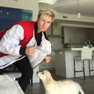 Bart Baker Instagram - Posing with the puppy 🐶 @itsbentleybaker 👈🏼 Comment what parody this jacket is from!! #puppy #dog #nofilter 😂