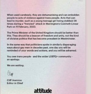 Beatie Edney Instagram - Please read - 1) from Stonewall 2 & 3) from the Editor of Attitude magazine. I’m going to write to my MP. Please do similar. Thanks to @eleanortomlinson and @russelltdavies63 for posting.