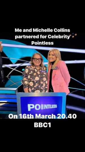 Beatie Edney Instagram - Just a reminder @michelledcollins and I doing Celebrity Pointless 16th March 20.40 BBC1 with @misterosman and @xander.armstrong presenting. I have never appeared on a game show before and it’s absolutely terrifying. I also wasn’t good at hiding my bottle of water, but the studio was like 120 degrees - it’s hot in there and Xander and Richard were both geniuses at looking and staying cool.