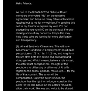 Bekka Prewitt Instagram - Recommend VOTING NO to AI replacing human actors & eliminating the production crew! AND to not getting streaming residuals! SAG-AFTRA National Board Member Anne-Marie Johnson (letter) breaks down important issues with this agreement.
•
#LevelUpMyContract #SAGAFTRAstrong #SAGAFTRA #SAGAFTRAstrike #united #standunited #Power2Performers #actors #writers #Solidarity #Strike #Hollywood #unions #acting #film #TV #television #unions #videogames  #movies #AI #residuals #streamers #studios #contracts #hollywood