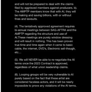 Bekka Prewitt Instagram - Recommend VOTING NO to AI replacing human actors & eliminating the production crew! AND to not getting streaming residuals! SAG-AFTRA National Board Member Anne-Marie Johnson (letter) breaks down important issues with this agreement.
•
#LevelUpMyContract #SAGAFTRAstrong #SAGAFTRA #SAGAFTRAstrike #united #standunited #Power2Performers #actors #writers #Solidarity #Strike #Hollywood #unions #acting #film #TV #television #unions #videogames  #movies #AI #residuals #streamers #studios #contracts #hollywood