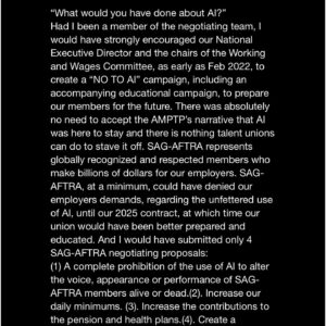 Bekka Prewitt Instagram - Recommend VOTING NO to AI replacing human actors & eliminating the production crew! AND to not getting streaming residuals! SAG-AFTRA National Board Member Anne-Marie Johnson (letter) breaks down important issues with this agreement.
•
#LevelUpMyContract #SAGAFTRAstrong #SAGAFTRA #SAGAFTRAstrike #united #standunited #Power2Performers #actors #writers #Solidarity #Strike #Hollywood #unions #acting #film #TV #television #unions #videogames  #movies #AI #residuals #streamers #studios #contracts #hollywood