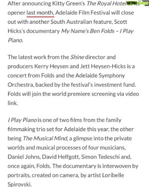 Ben Folds Instagram - Years in the making from Academy Award nominated director Scott Hicks, and now slated to premiere at the Adelaide Film Festival.