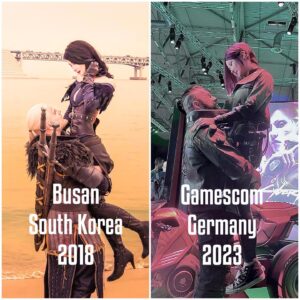 Ben Schamma Instagram - Well, time flies.
At gamescom I had the pleasure to work with @myboo_cosplay again. I met her in Busan when we promoted went in South Korea in 2017. She looked wonderful as Yennefer and we had an awesome photo shoot at the beach. And as South Korea is pretty far away from Germany I thought I would never see her again. But @cdpred brought us back together for @gamescom 2023 to promote @cyberpunkgame - Phantom Liberty.
She looks sooooo cool in her Cyberpunk outfit.
Another year, another country, another game. 
More pictures are coming soon (the gamescom picture is just from my phone) because the amazing @eosandy_ took many pictures of us, of me and the whole Cyberpunk set up and locations. 
#witcher #thewitcher #geralt #yennefer #geraltcosplay #witchercosplay #cosplay #cosplayer #busan #southkorea #cyberpunk #cyberpunkcosplay #nightcity #gaming #ps5 #xbox