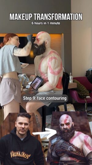 Ben Schamma Instagram - Here’s the whole 6 hours makeup process we need for Kratos. This was Maja’s third time and it was already 3 hours shorter than the first time 😅🙈 

And let’s not forget the 1,5 hours I need afterwards to get fully armored up! 😬

Which cosplay takes you the longest to get ready? 

#godofwar #godofwarragnarok #kratoscosplay #cosplayer #costume #costumedesign #crafting #leatherwork #evafoam #playstation #foamwork #sfxmakeup #makeuptransformation #makeupartist
