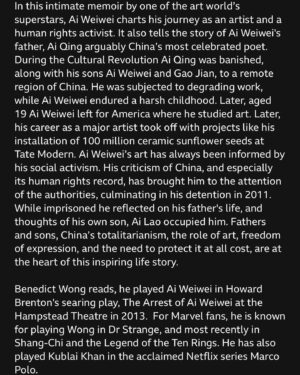 Benedict Wong Instagram - I’ll be reading from @aiww ‘s memoirs “A 1000 years of Joy and Sorrow”  on Book of The Week starting tomorrow. Tune in at 9am where Ai Wei Wei will be discussing Creative Freedom @bbcsounds  Radio 4