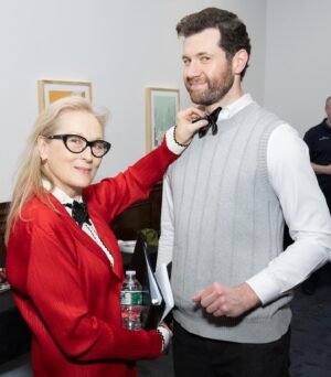 Billy Eichner Instagram - On Monday night in NYC, I had the real honor of performing with some remarkable actors in a tribute put together by Tony Kushner to one of my all time favorite playwrights, the truly brilliant John Guare, who wrote Six Degrees of Separation and many, many other fantastic plays. Mr. Guare always wears bow ties so Meryl brought bow ties for the actors to wear. Thank you to @beowulfsheehan for this photo which I will cherish. ❤️