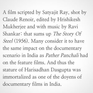 Birsa Dasgupta Instagram - In 1956, filmmaker Hari S. Dasgupta directed a documentary film for Tata Steel titled 'The Story of Steel'. Satyajit Ray, Ravi Shankar, Hrishikesh Mukherjee, Claude Renoir were part of the elite crew! Is there a way we can find a print of this landmark film? Kindly guide us... 

#documentary #documentaries #cinema #film #landmark