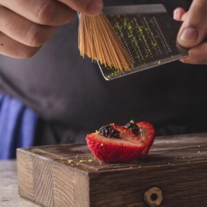 Björn Frantzén Instagram - Amaou ichigo 🍓 with candied pinecone.

The king of strawberry from Fukuoka, Japan. 

The word Amaou is an acronym derived from the words that stands for the fruit’s best qualities: amai (sweet), marui (round), okii (large), and umai (tasty).

Serves with candied pinecone from @hogtorpgard 
Lina hand-picked the right size of pinecone and had them preserved for us during spring. We use them when the snow is covering the forest floor over at Sweden in late December, which is also the season for Amaou.

A sweet bite of Nordic and Japanese @restaurantzen.sgp