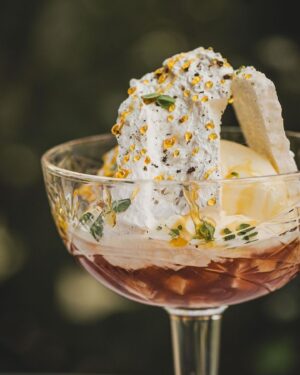 Björn Frantzén Instagram - Eton mess - Swedish apples, cardamom mousse, punsch syrup, lemon thyme and yoghurt sorbet @brasserieastoria