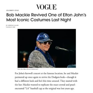 Bob Mackie Instagram - Bob Mackie recreated his iconic baseball cap design for @eltonjohn’s last dates in the US at the Dodger Stadium. 

Bob designed the original costume for Sir Elton’s concert at the stadium in 1975, and it went on to become one of Elton’s most memorable shows. Read the full article in @voguemagazine 

📷 : Ben Bentley / Rocket Entertainment
.
 #MackieMagic #EltonJohn #EltonFarewellTour #EltonLive