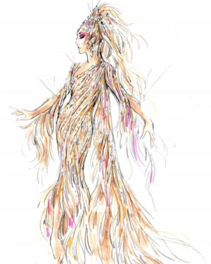Bob Mackie Instagram - @pink wearing a nude gown, in soft rose gold, iridescent sequins and bugle beads with soft pink feathers at the @amas, for her Olivia Newton-John tribute performance. Swipe to see Bob Mackie’s original sketch for @cher’s 'Here We Go Again' Tour 
.
.
Costume made by @tricorneinc in NYC. Hand embroidery by Elizabeth Beading.
.
#pink #amas #cher #bobmackie mackiemagic #olivianewtonjohn