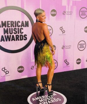 Bob Mackie Instagram - @pink pictured wearing an archive Bob Mackie gown on the @amas red carpet. The ‘Earthquake dress’ is from his 1987 California collection and is made using jet sequins and citron bugle bead fringe.

Bob says; “This is the perfect dress for Pink as a performer and for the AMA's red carpet tonight!” #mackiemagic