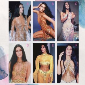 Bob Mackie Instagram - If you could only wear ONE of these Bob Mackie designs which would you choose? Drop a letter (A-F) in the comments below. 

#MackieMagic #BobMackie