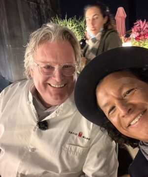 Bobby Chinn Instagram - Before the next episode I wanted to pay my homage to one of my culinary heroes.  I don’t think many people are aware of what a colossal influence David Burke has had on the culinary world, but it was massive. The man is a culinary genius, thinks out of the box and many of his ideas have been copied or inspired many always been fascinated by his creativity. Having mutual friends, I would ask them to tell me about the man himself.  Some of his crazy ideas, like poaching a whole salmon in a dishwasher for then prince Charles for some aristocrats in Europe ( turns out they didn’t have a fish poacher! Problem solved) this lead to cooking turkey to perfection in a dishwasher running 2 cycles (do not add dishwasher liquid!!) any rate a great thrill to hangout with the man himself and get all the stories straight from the horses mouth! It was an honor to have him as a guest judge, and for all the chefs that got to cook for him. Thank you @mbctopchef for making it happen and thank you @chefdavidburke for your time and wisdom. We all learned a lot by your presence! Oops!! in the background, assistant director @reine_sili making sure we are all good as the cold dessert winds picked up.