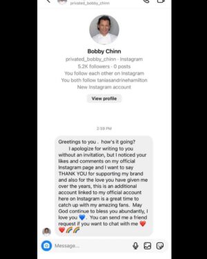 Bobby Chinn Instagram - ALERT! There is someone out posing as me and is reaching out to many of you pretending to be me. #fraudster #scammers