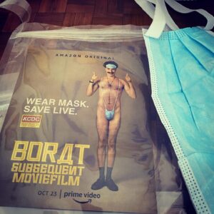 Brad Falchuk Instagram - After two negative covid tests I was lucky enough to be a part of a top secret, outdoor, majorly socially distanced, masked up screening of Sacha Baron Cohen’s new Borat masterpiece.  OH MY GOD.  Please watch this the moment it drops on Amazon.  You don’t want to hear about it before you see it for yourself.  Just trust me on this one.  Stay up late, get up early, cancel your plans on October 23 and WATCH!  Also, thanks for the mask-kinis, Sacha - now we have something covid friendly to wear around the house! #borat #amazonstudios @boratsagdiyev