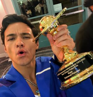 Brandon Perea Instagram - First timer… and we got the dubbbb! Thank you @saturnawards for honoring @nopemovie!! 🪐🏆
